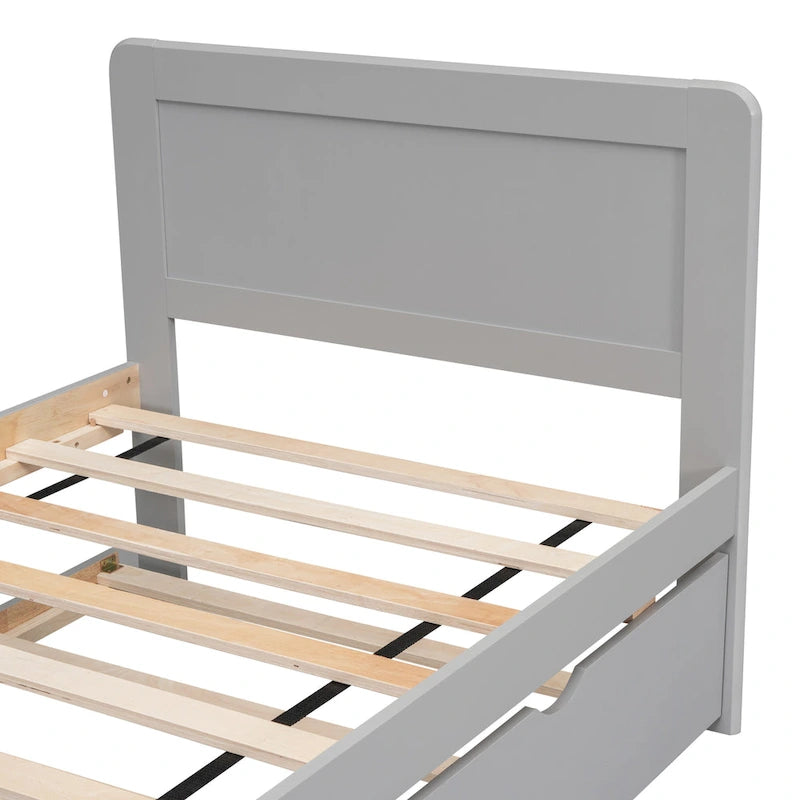 Grey Solid Wood Twin Bed with Pull-Out Trundle, No Box Spring Needed