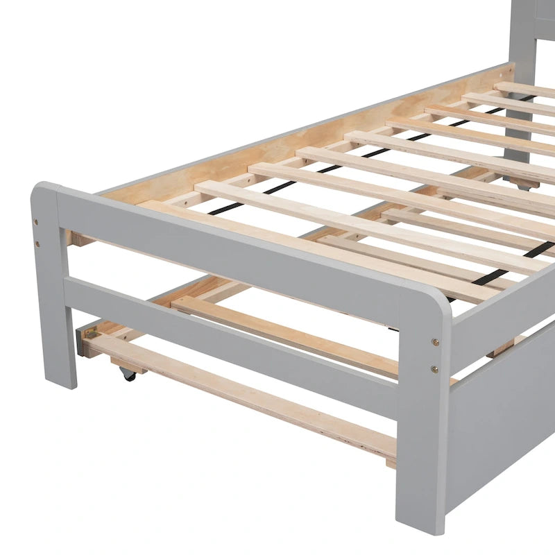Grey Solid Wood Twin Bed with Pull-Out Trundle, No Box Spring Needed