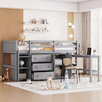 Twin Size Wood Low Loft Bed with Pull-Out Desk, Drawers, Cabinet and Shelves