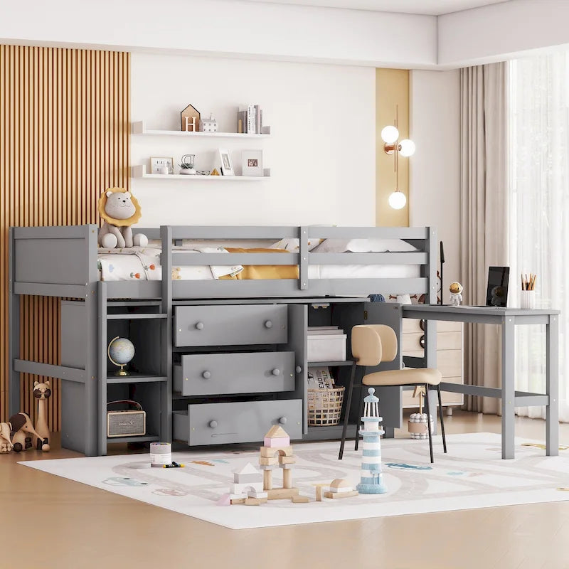 Twin Size Wood Low Loft Bed with Pull-Out Desk, Drawers, Cabinet and Shelves