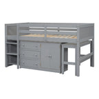 Twin Size Wood Low Loft Bed with Pull-Out Desk, Drawers, Cabinet and Shelves