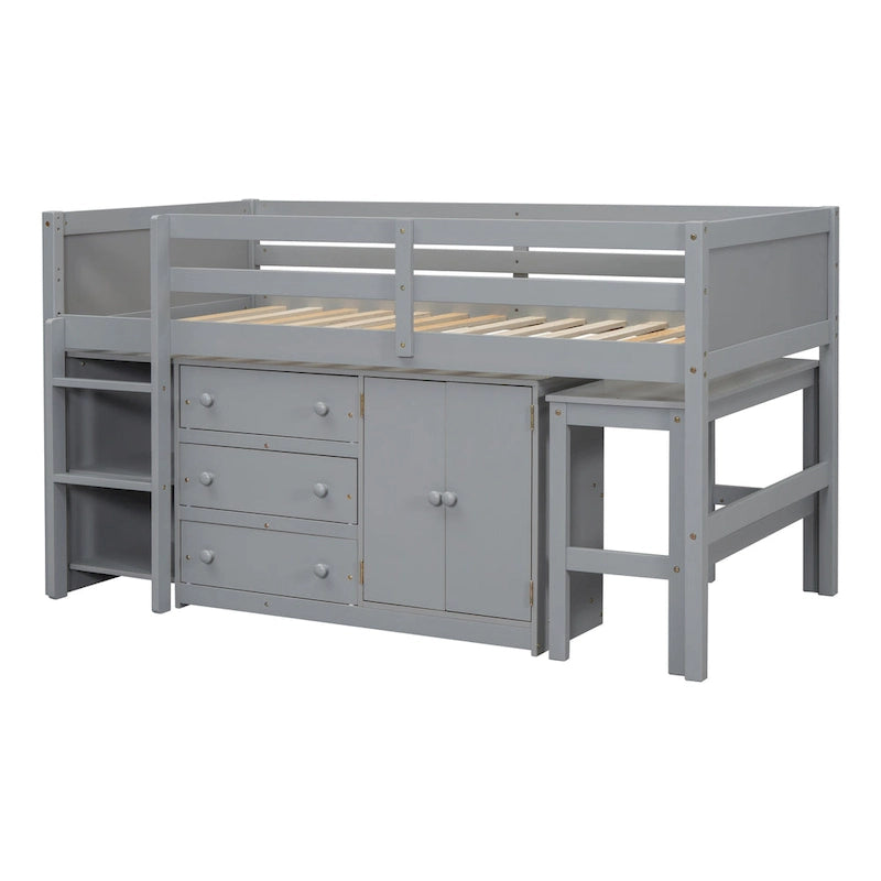 Twin Size Wood Low Loft Bed with Pull-Out Desk, Drawers, Cabinet and Shelves