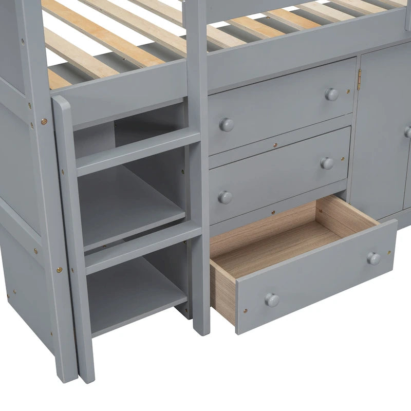 Twin Size Wood Low Loft Bed with Pull-Out Desk, Drawers, Cabinet and Shelves