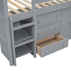 Twin Size Wood Low Loft Bed with Pull-Out Desk, Drawers, Cabinet and Shelves