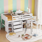 Twin Size Wood Low Loft Bed with Pull-Out Desk, Drawers, Cabinet and Shelves