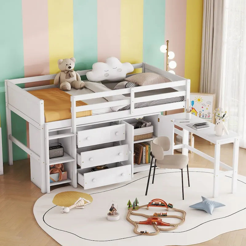 Twin Size Wood Low Loft Bed with Pull-Out Desk, Drawers, Cabinet and Shelves