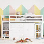 Twin Size Wood Low Loft Bed with Pull-Out Desk, Drawers, Cabinet and Shelves