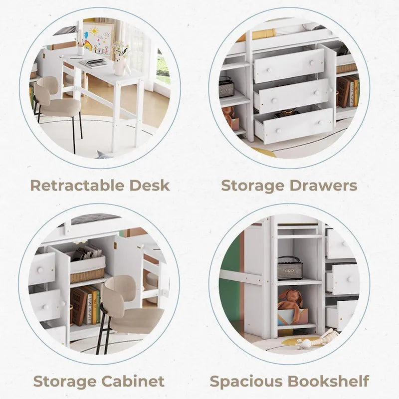 Twin Size Wood Low Loft Bed with Pull-Out Desk, Drawers, Cabinet and Shelves