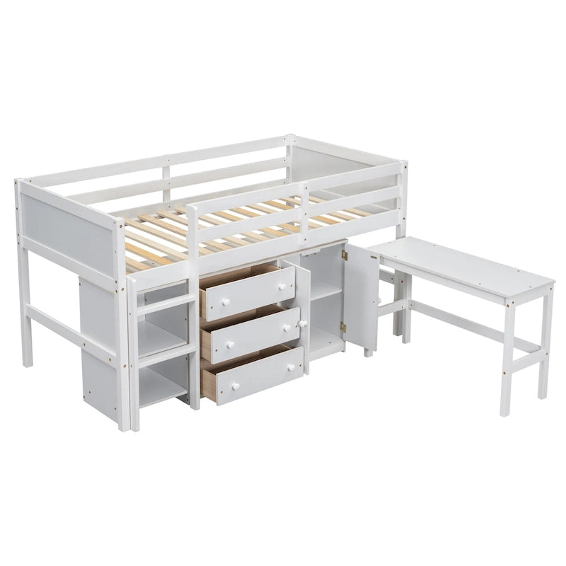 Twin Size Wood Low Loft Bed with Pull-Out Desk, Drawers, Cabinet and Shelves
