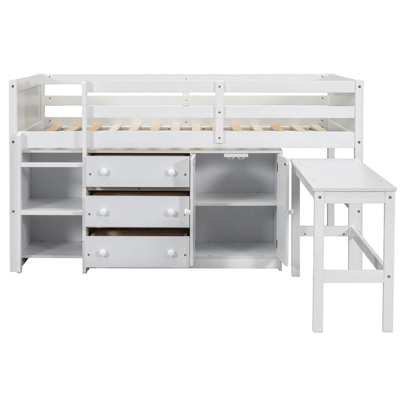 Twin Size Wood Low Loft Bed with Pull-Out Desk, Drawers, Cabinet and Shelves