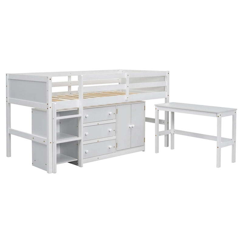 Twin Size Wood Low Loft Bed with Pull-Out Desk, Drawers, Cabinet and Shelves
