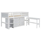 Twin Size Wood Low Loft Bed with Pull-Out Desk, Drawers, Cabinet and Shelves