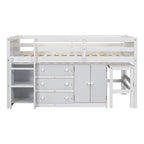 Twin Size Wood Low Loft Bed with Pull-Out Desk, Drawers, Cabinet and Shelves