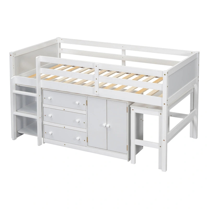 Twin Size Wood Low Loft Bed with Pull-Out Desk, Drawers, Cabinet and Shelves