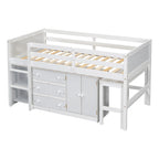 Twin Size Wood Low Loft Bed with Pull-Out Desk, Drawers, Cabinet and Shelves