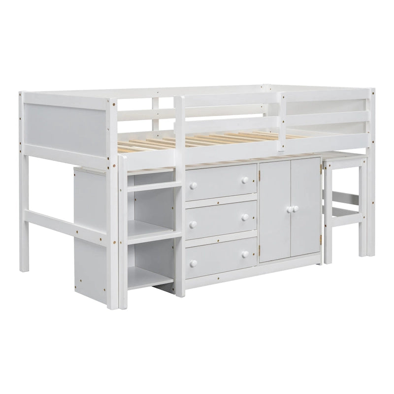Twin Size Wood Low Loft Bed with Pull-Out Desk, Drawers, Cabinet and Shelves