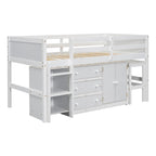 Twin Size Wood Low Loft Bed with Pull-Out Desk, Drawers, Cabinet and Shelves