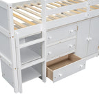 Twin Size Wood Low Loft Bed with Pull-Out Desk, Drawers, Cabinet and Shelves