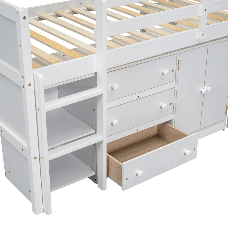 Twin Size Wood Low Loft Bed with Pull-Out Desk, Drawers, Cabinet and Shelves