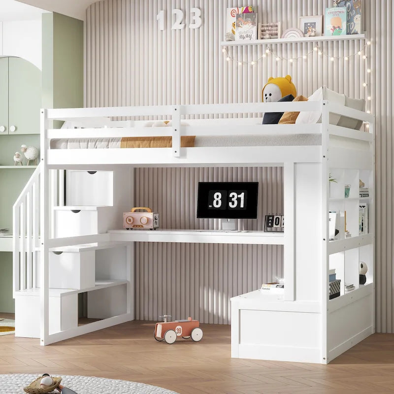 Full Size Solid Wood Loft Bed with Desk, Shelves, Two Drawers and Storage Staircase