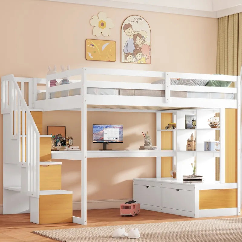 Full Size Solid Wood Loft Bed with Desk, Shelves, Two Drawers and Storage Staircase