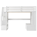 Full Size Solid Wood Loft Bed with Desk and Shelves, Two Built-in Drawers, Storage Staircase