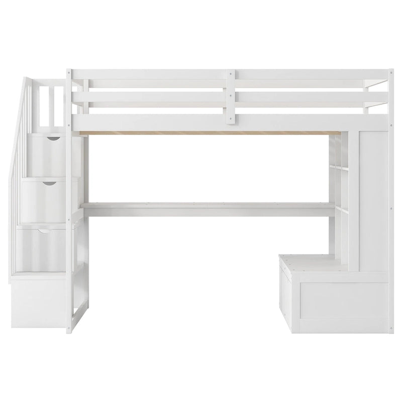Full Size Solid Wood Loft Bed with Desk and Shelves, Two Built-in Drawers, Storage Staircase
