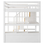 Full Size Solid Wood Loft Bed with Desk, Shelves, Two Drawers and Storage Staircase