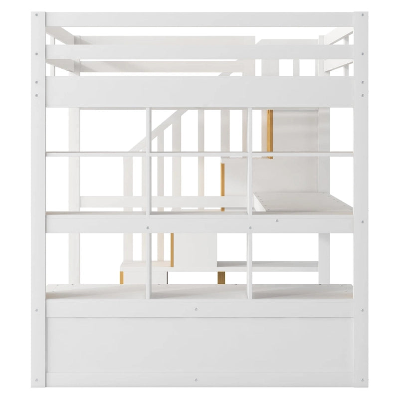 Full Size Solid Wood Loft Bed with Desk, Shelves, Two Drawers and Storage Staircase