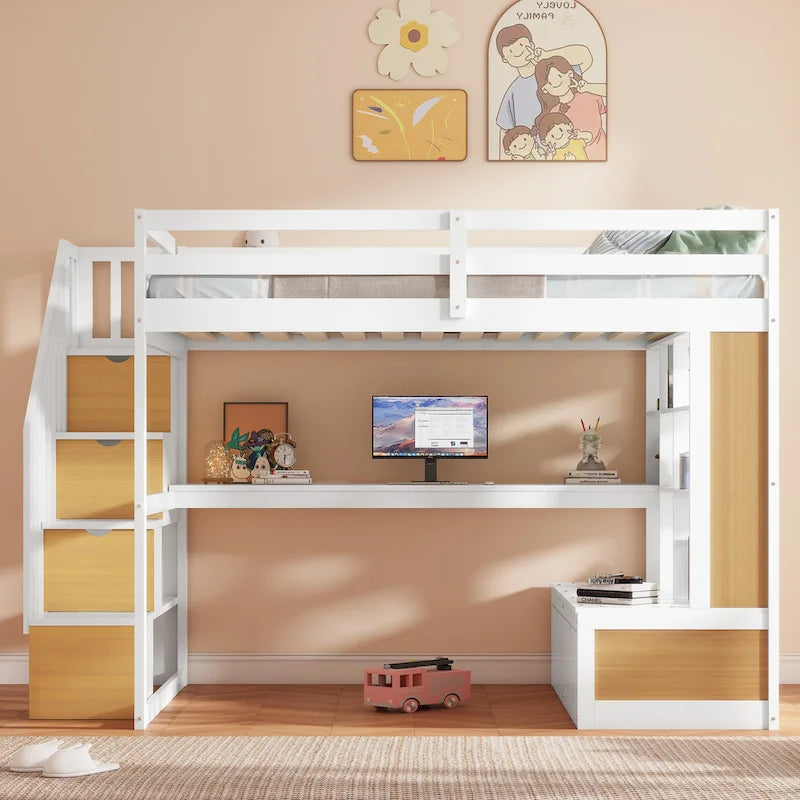 Full Size Solid Wood Loft Bed with Desk, Shelves, Two Drawers and Storage Staircase