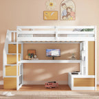 Full Size Solid Wood Loft Bed with Desk, Shelves, Two Drawers and Storage Staircase