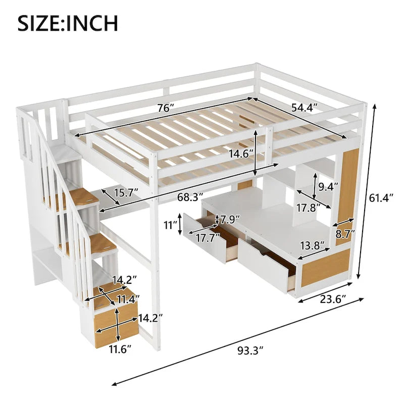 Full Size Solid Wood Loft Bed with Desk, Shelves, Two Drawers and Storage Staircase
