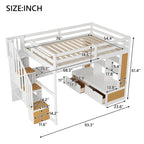 Full Size Solid Wood Loft Bed with Desk, Shelves, Two Drawers and Storage Staircase