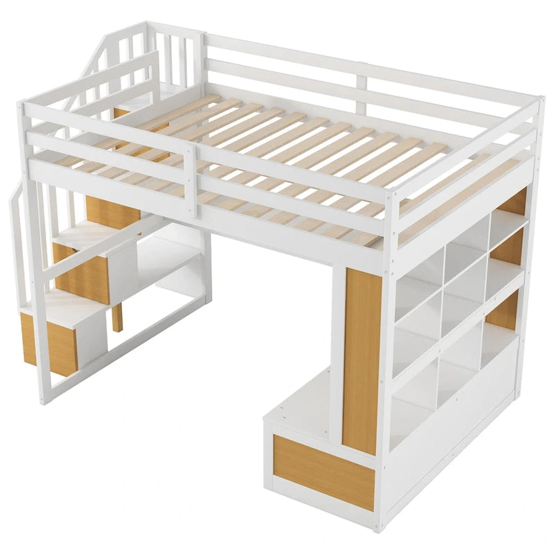 Full Size Solid Wood Loft Bed with Desk, Shelves, Two Drawers and Storage Staircase