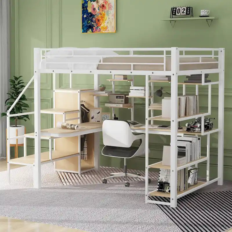 White Full Size Metal Loft Bed with Storage Staircase, Wardrobe, Desk and Shelves