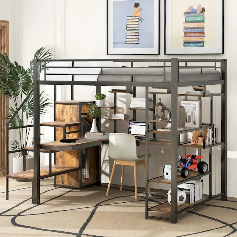 White Full Size Metal Loft Bed with Storage Staircase, Wardrobe, Desk and Shelves