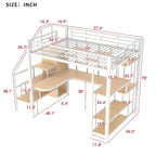 White Full Size Metal Loft Bed with Storage Staircase, Wardrobe, Desk and Shelves