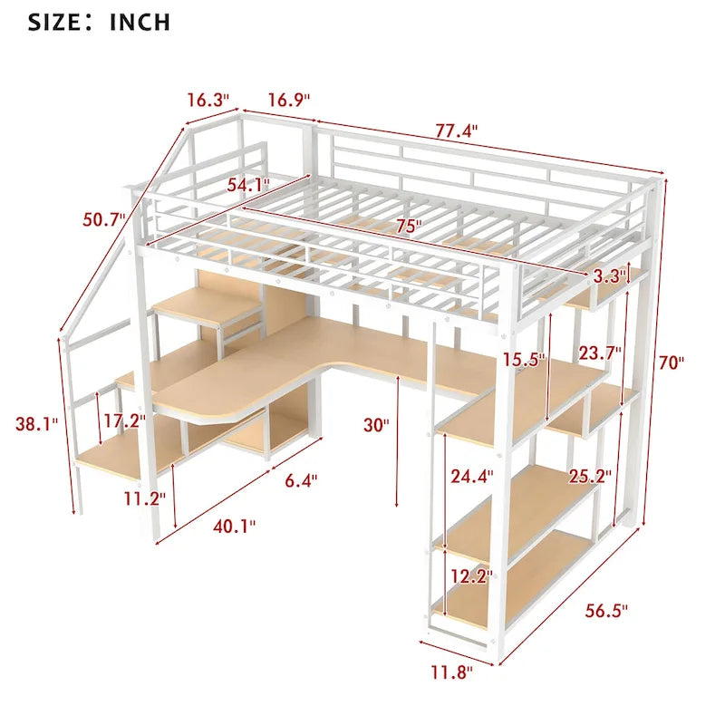 White Full Size Metal Loft Bed with Storage Staircase, Wardrobe, Desk and Shelves