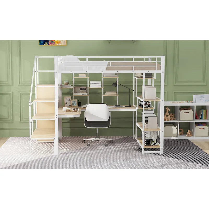 White Full Size Metal Loft Bed with Storage Staircase, Wardrobe, Desk and Shelves
