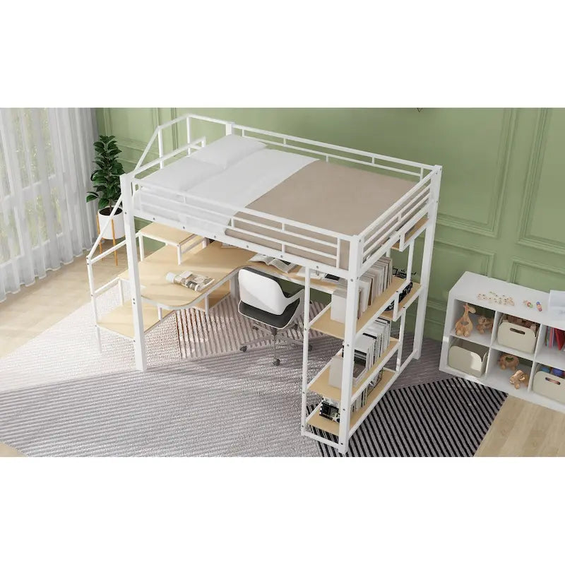 White Full Size Metal Loft Bed with Storage Staircase, Wardrobe, Desk and Shelves