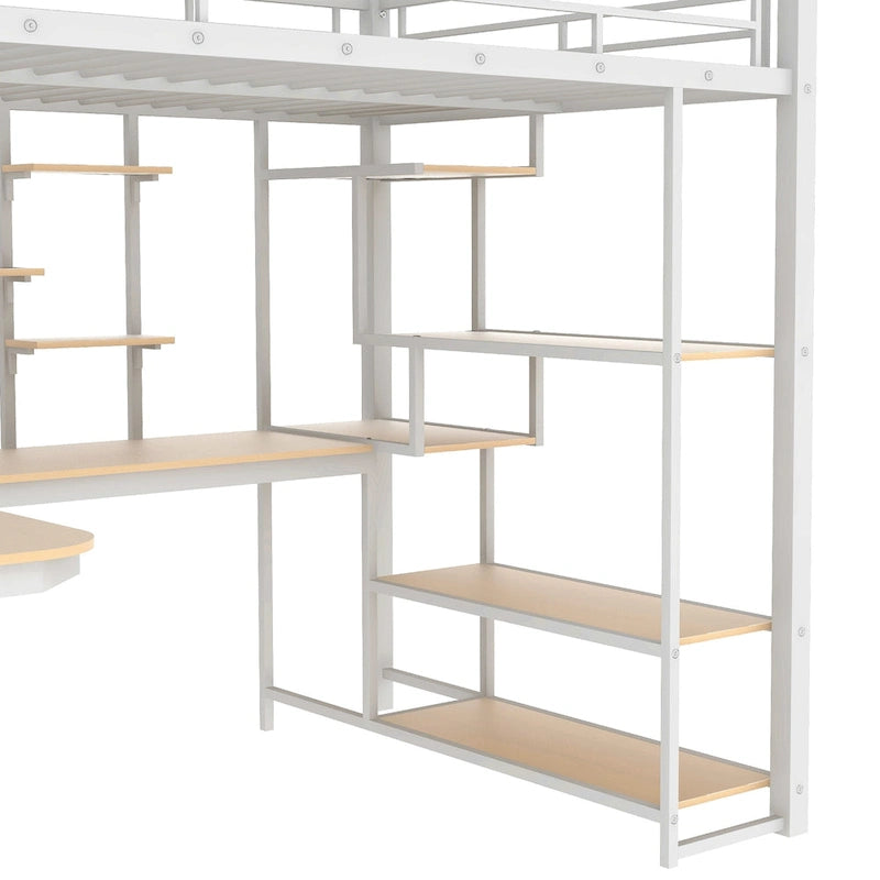 White Full Size Metal Loft Bed with Storage Staircase, Wardrobe, Desk and Shelves