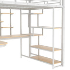 White Full Size Metal Loft Bed with Storage Staircase, Wardrobe, Desk and Shelves