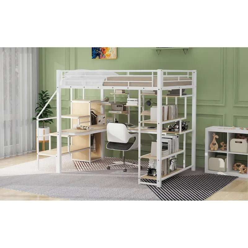 White Full Size Metal Loft Bed with Storage Staircase, Wardrobe, Desk and Shelves