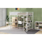 White Full Size Metal Loft Bed with Storage Staircase, Wardrobe, Desk and Shelves