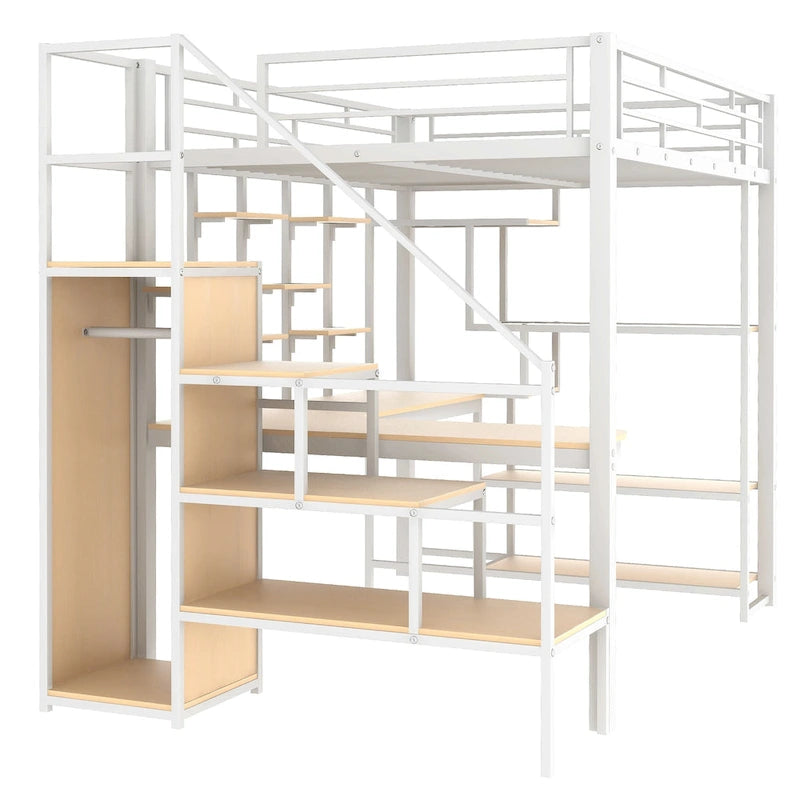 White Full Size Metal Loft Bed with Storage Staircase, Wardrobe, Desk and Shelves