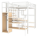 White Full Size Metal Loft Bed with Storage Staircase, Wardrobe, Desk and Shelves