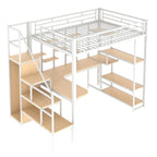 White Full Size Metal Loft Bed with Storage Staircase, Wardrobe, Desk and Shelves