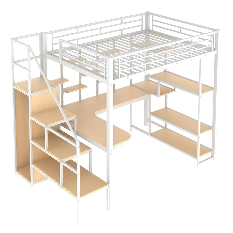 White Full Size Metal Loft Bed with Storage Staircase, Wardrobe, Desk and Shelves