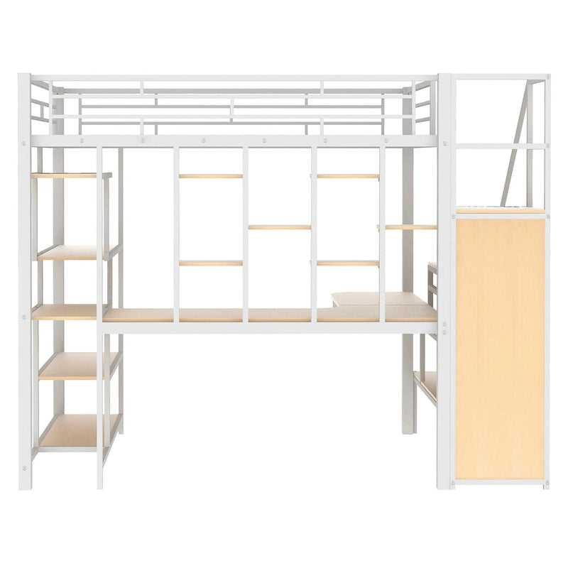 White Full Size Metal Loft Bed with Storage Staircase, Wardrobe, Desk and Shelves