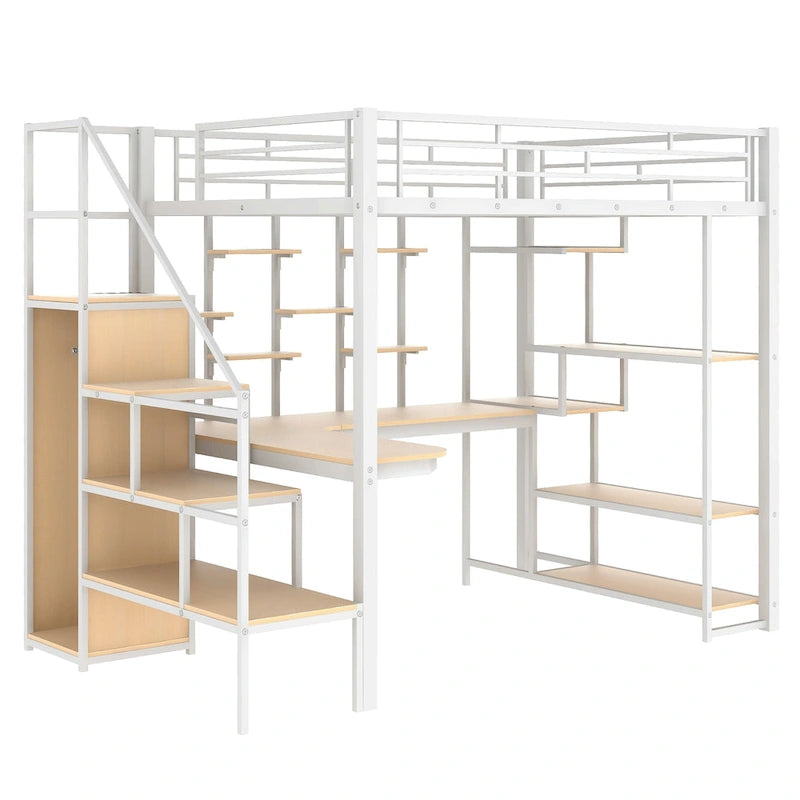 White Full Size Metal Loft Bed with Storage Staircase, Wardrobe, Desk and Shelves